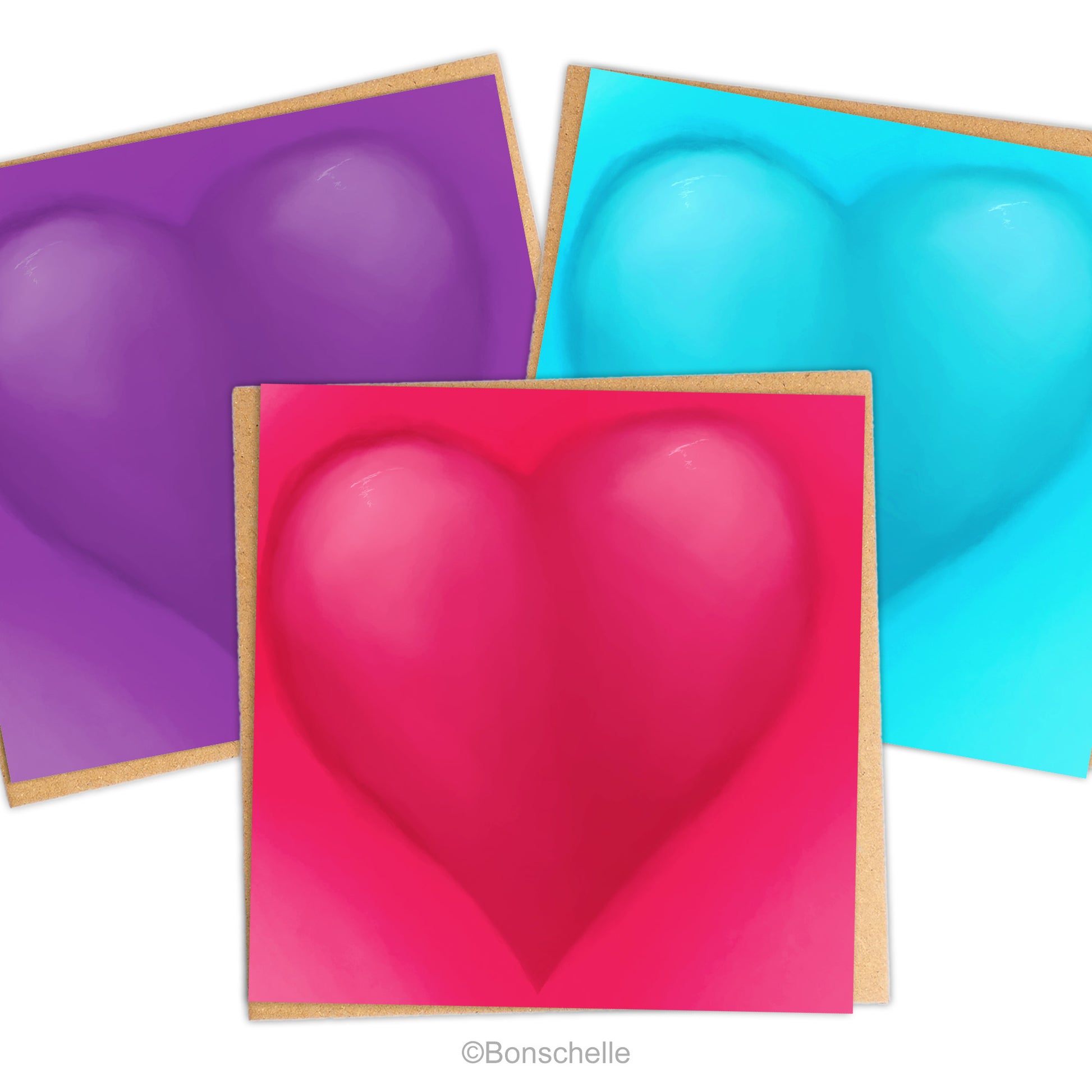 Full of love heart cards in red, purple and blue