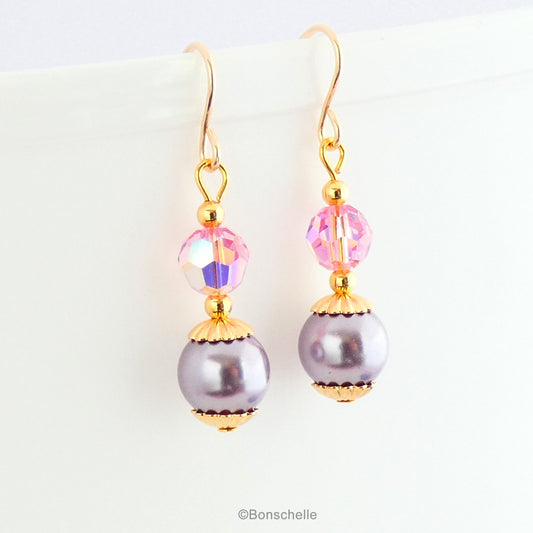 Lavender pearls and and pink crystal earrings with  14K gold filled earwires for women